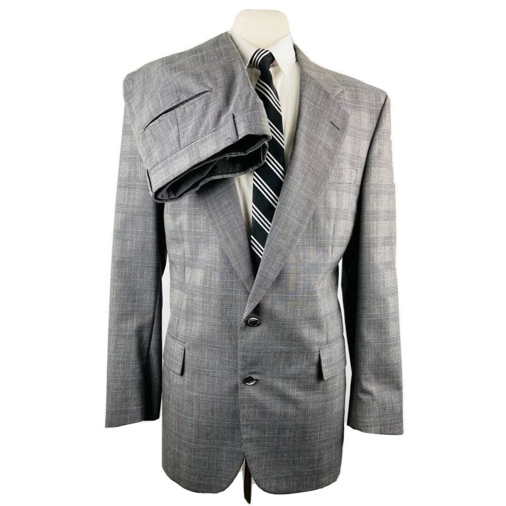 VINTAGE JOS A BANK MENS 42L GRAY PLAID USA SOFT WOOL 2 PIECE SUIT W/ PANTS 36X30